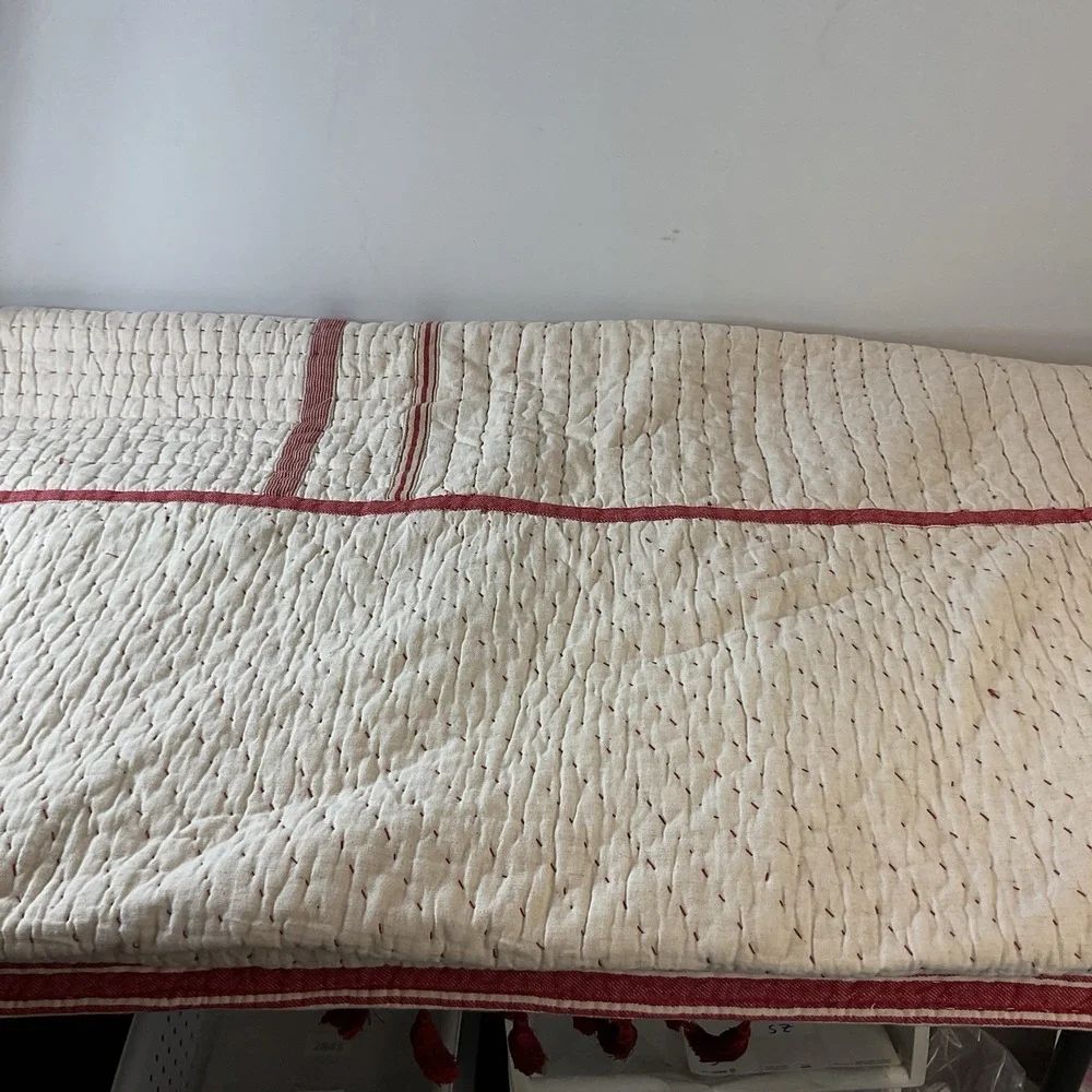 Pottery Barn Nellie Pick Stitch Red & Cream Reversible King Quilt & 3 Euro Shams